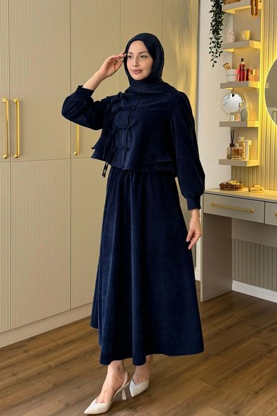 Modaensarbutik Asya Esintili Düğme Detaylı Kadife Tesettür Takım-LACİVERT