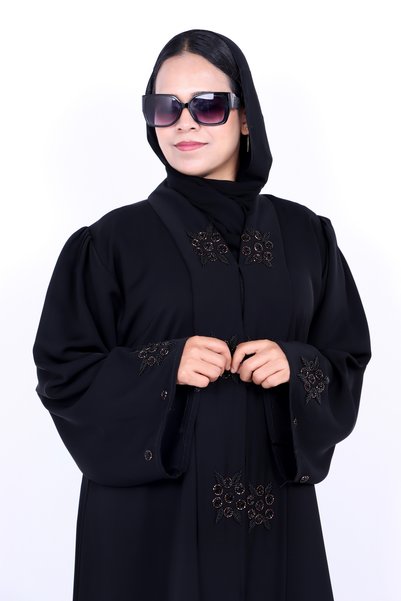 Izzah Bella Women's Black Beaded Front & Sleeve Embellished Abaya