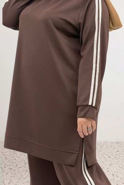 Eslina 67086 Plus Size Modal Pants Suit with Side Stripe Detail - Brown