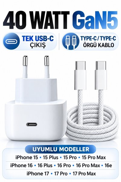 Genos 40W 40Watt iPhone Şarj Adaptörü iPhone 17 Pro Max ile Uyumlu USB-C 60W ...