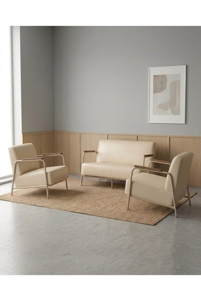 Azra Mobilya Atlas 2+1+1 Deri Ofis Modern Bekleme Koltuk Takımı Cappuccino Me...