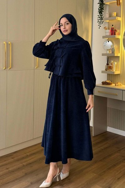 Modaensarbutik Asya Esintili Düğme Detaylı Kadife Tesettür Takım-LACİVERT