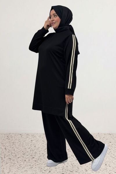 Eslina 67086 Plus Size Modal Pants Suit with Side Stripe Detail - Black