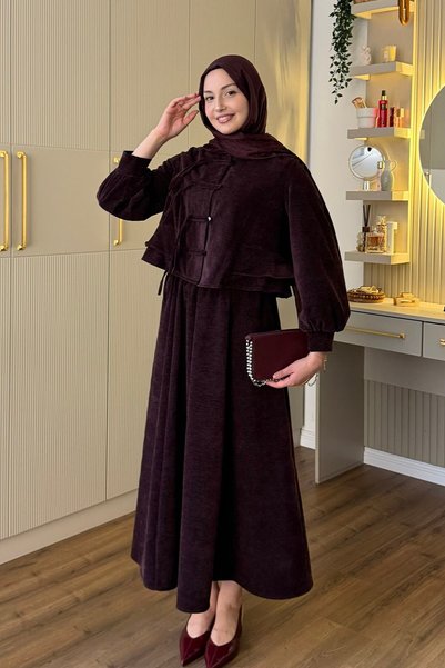 Modaensarbutik Asya Esintili Düğme Detaylı Kadife Tesettür Takım-BORDO