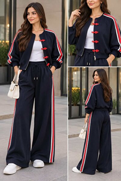 RAPAPA Women's Zippered Jacket and Stripe Detailed Palazzo Tracksuit Set 5814