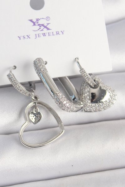 BlackCraft Brass Silver Color Dangle Zircon Stone Heart Model 3-Piece Women's...