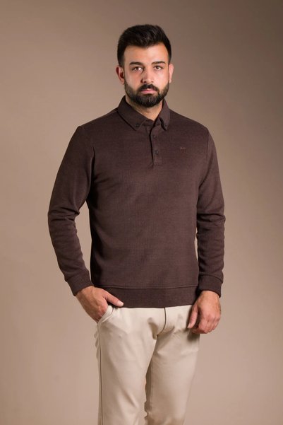 COONLESS Haki Polo Yaka Kadife Sweatshirt