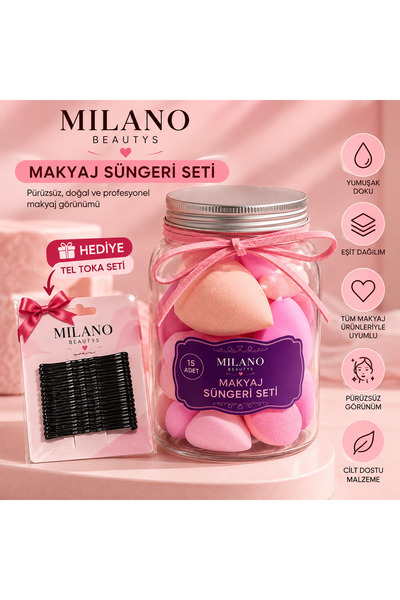 MİLANO BEAUTYS 15-Piece Makeup Sponge Set – Foundation and Concealer Sponges in Different Sizes and Shapes with Jar + Wire Buckle Gift