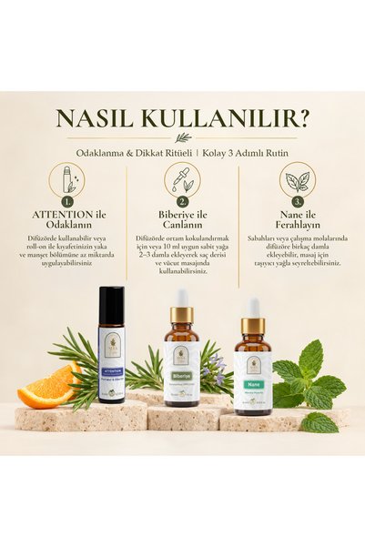 Sera Natura Odaklanma Aromaterapi Seti – Attention, Biberiye Uçucu Yağı ve Nane Uçucu Yağı 3’lü Set