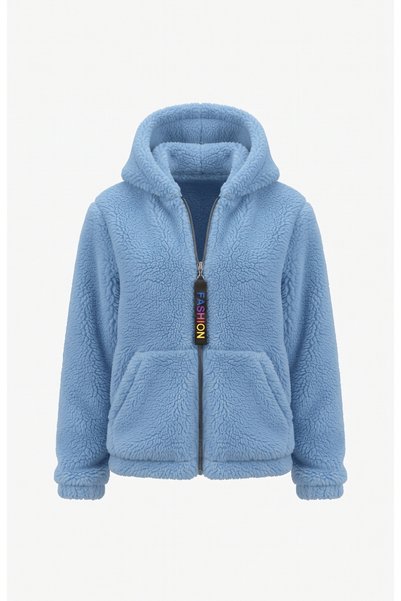 RAVELLES Zippered Hooded Plush Coat