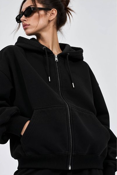 Hira Online Oversize Unisex Three-Thread Ribbed Zippered Hooded Sweatshirt