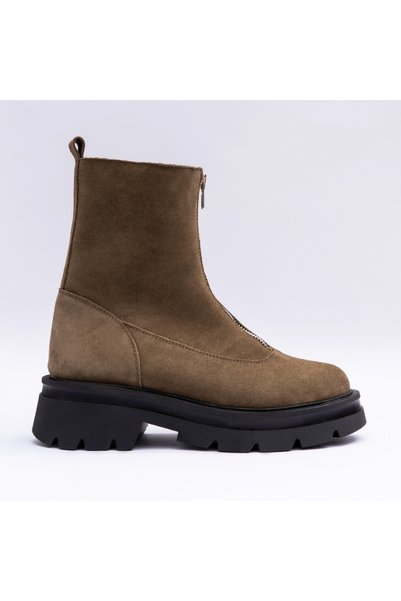 VAGAM , Ghete din piele naturala cu fermoar si talpa inalta, Kaki, 2226