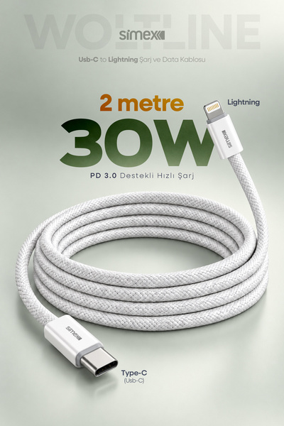 Simex Type-C to Lightning 2 Metre Kablo 30W PD Hızlı Şarj iPhone 11 12 13 14 ...