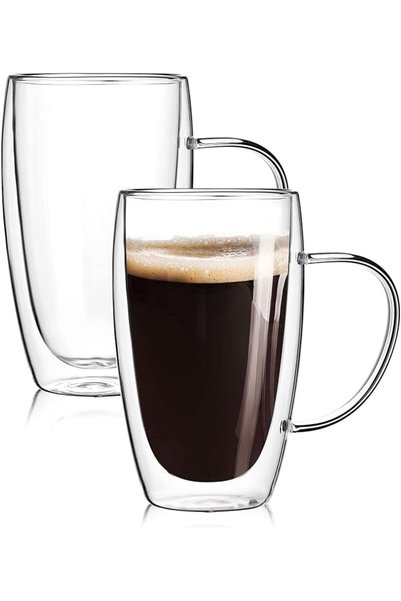 wellsan 2-Pack 15 Oz Double Walled Glass Coffee Mugs with Handle,Large Insula...