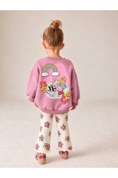 GREYFURTKİDS Kız Çocuk Peppa Pig Baskılı Pembe Sweatshirt Çiçek Desenli İspan...