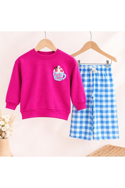 Alvadonna Set de îmbrăcăminte pentru fete, cu model în carouri, croială supradimensionată, cu pantaloni largi