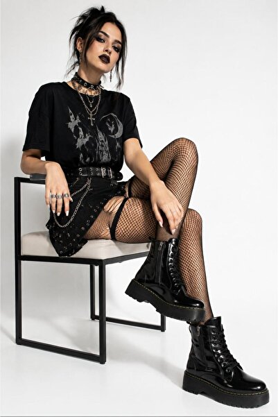 SEFUR Black Thick Soled Lace-Up Patent Leather Boots