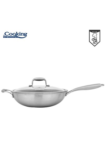 Heinner Wok Tigaie inox + capac din sticlă 30x8.5 cm, 4.5L, TITANIUM3, pentru gătit