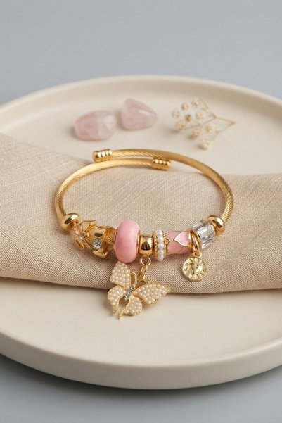 BlackCraft Pink Butterfly Model Gold Color Charm Bracelet