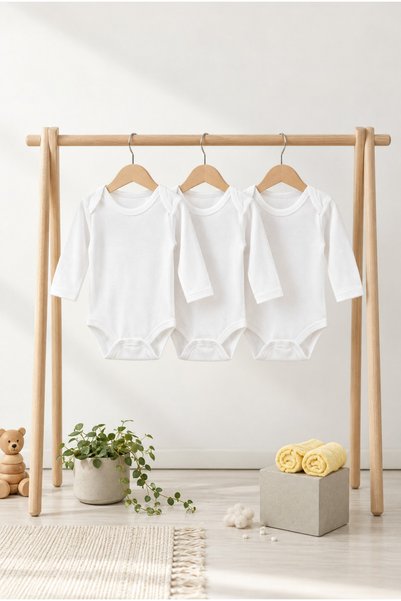 bebeqon 3-Piece White Long Sleeve Baby Bodysuit Set 100% Cotton Envelope Collar Snap Fastener Bodysuit