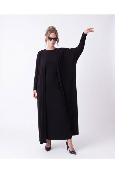 Womengrom Women's Black Sendy Fabric Two-Piece Set - High-Neck Flowy Maxi Dress and Long Cardigan
