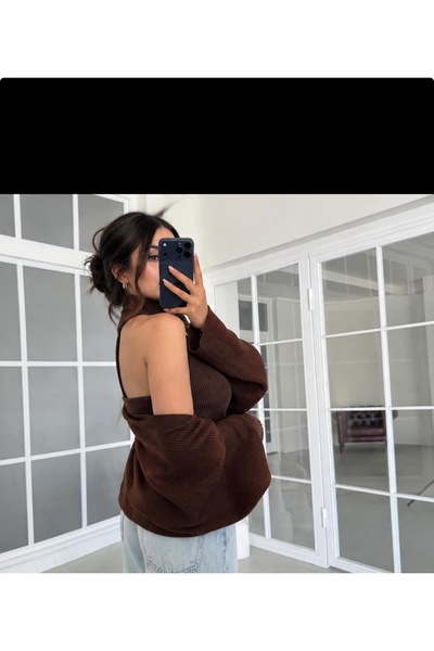 EMİX TREND GİYİM Off-The-Shoulder Double Zipper Balloon Sleeve Knitwear Crop Cardigan.