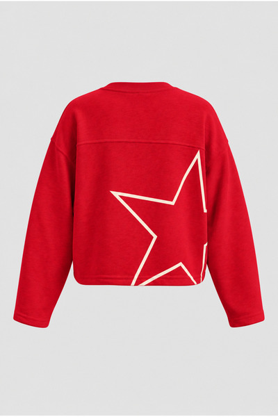 Mixray 2263 Women's 76 College Printed Star Detail Oversize Sweatshirt Red