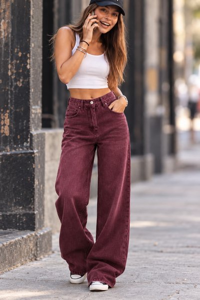 WeShaya Yeni Sezon ,Kadın , Bordo Retro Baggy Jean Pantolon ,Streetwear Y2K,G...