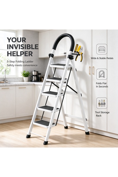 Generic Brand 5-Step Ladder with Handrail, Anti-Slip Steps & Tool Hook, 164cm...