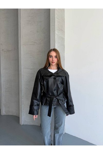 ÇEÇİM Women's Stand Collar Belted Leather Look Jacket