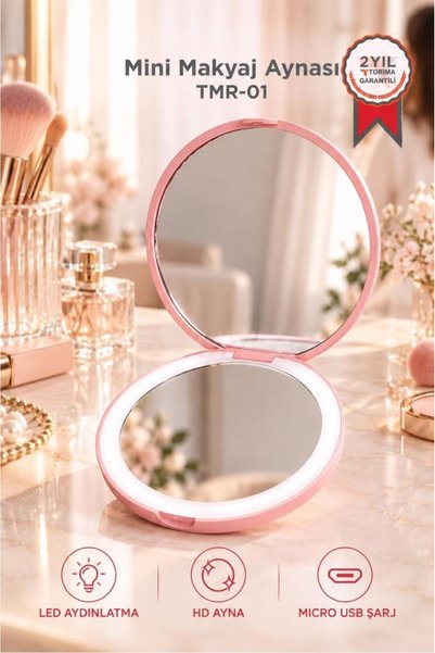 Torima Led Işıklı Type-C Şarjlı Makyaj Aynası Çift Taraflı HD Mini Ayna TMR01...
