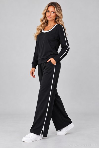 moda wanilia Kadın Uzun Kollu Yuvarlak Yaka Şerit Detaylı Viskon İki İplik Bluz ve Yırtmaçlı Pantolon İkili Takım Günlük Rahat Şık Spor Takım