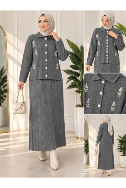 VOLT CLOTHİNG Kadın Tesettür Gömlek Yaka Çiçek Nakışlı Etekli Triko Takım