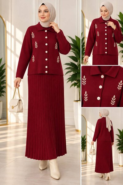 VOLT CLOTHİNG Kadın Tesettür Gömlek Yaka Çiçek Nakışlı Etekli Triko Takım