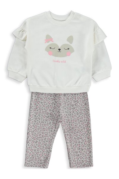 Bebbek Cat Printed Shoulder Ruffle Set for 0-24 Months - White