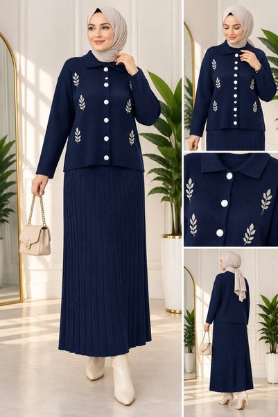 VOLT CLOTHİNG Kadın Tesettür Gömlek Yaka Çiçek Nakışlı Etekli Triko Takım