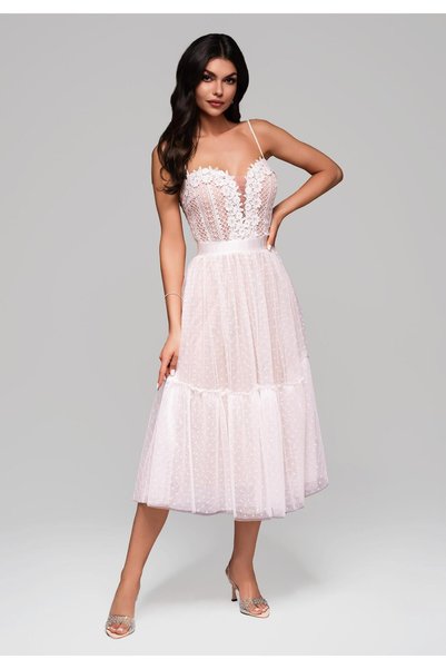 Larica Damen Midi-Abendkleid, Spitzenoberteil, Ausgestellter Polka-Dot-Netzro...
