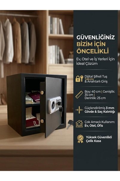 Genel Markalar Çelik Para Kasası Profesyonel // Dijital Korunaklı Şifreli + Anahtarlı // EV + İŞ + OFİS + OTEL İçin Uygun
