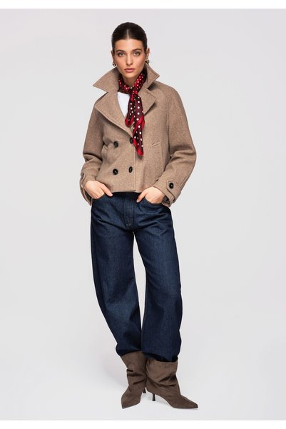 OMBRE Damen Kurzer Peacoat, Relaxed Fit, Zweireihig, Breite Revers, Mokka OW-...