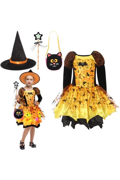 NO BRAND Witch costume with lights for girls 7-9 years old, 4-piece set Cloud...