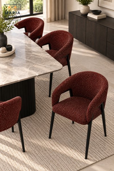 MARIA HOMES Modern Dining Chair | Burgundy Red Textured Upholstered Dining Chair with Curved Wraparound Backrest, Integrated Armrests, Padded Seat & Black Metal Legs for Dining Room & Kitchen