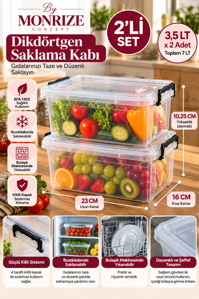 Monrize Concept 2'li 3,5 LT Dikdörtgen Kilitli Saklama Kabı Seti 7 Litre BPA ...