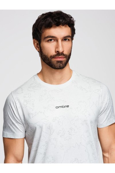 OMBRE Tricou bărbătesc, croială normală, guler rotund, imprimeu integral, Ecru OM-TSFP-0263