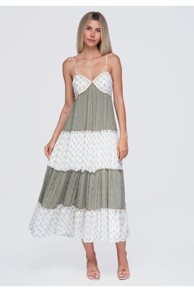 OMBRE Rochie maxi de damă, croială lejeră evazată, decolteu în V, tiv cu vola...