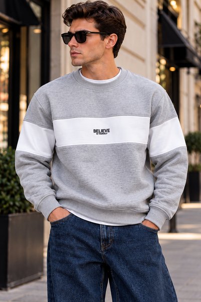 Tarz Cool Erkek Şerit Detaylı Believe Baskılı 3 İplik Şardonlu Bisiklet Yaka Sweatshirt