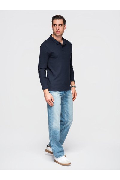 OMBRE Polo bărbătesc cu mânecă lungă, croială normală, guler polo cu nasturi, bumbac pique, bleumarin OM-POBL-0162
