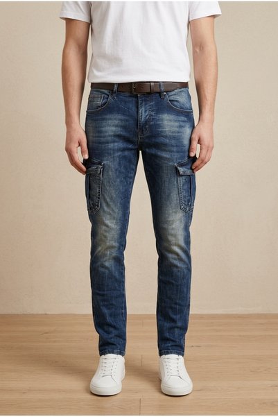 OEM Blugi barbati casual cargo regular fit prespalati cu buzunare aplicate si...