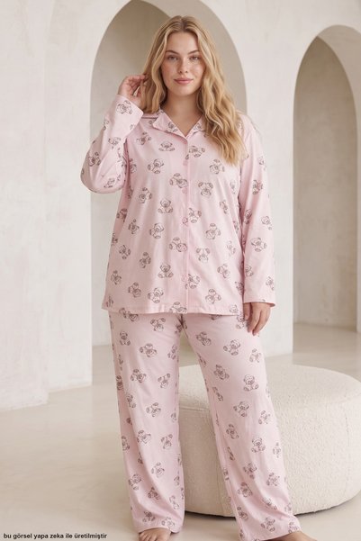 Siyah İnci Pembe Ayıcık Baskılı Büyük Beden Battal Boy Düğmeli Örme Pijama Takım 8090