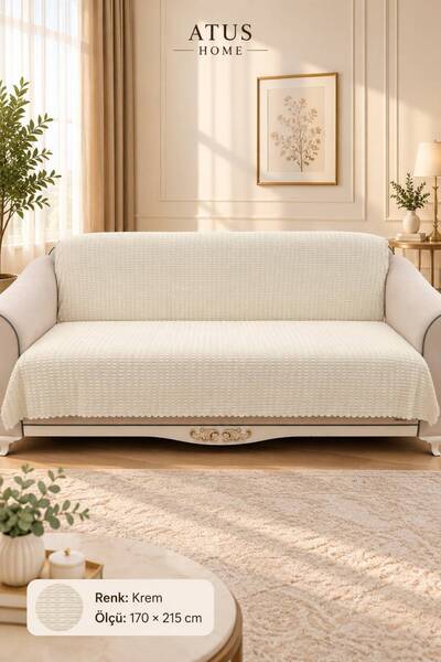 ATUSHOME 170x215 Kaymaz Tabanlı Premium Peluş Koltuk Örtüsü Şerit Desen Yumuş...