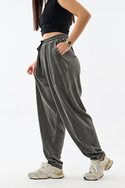 COCOPELLI Pantaloni de damă din catifea plisată, antracit, tip jogger COC3625